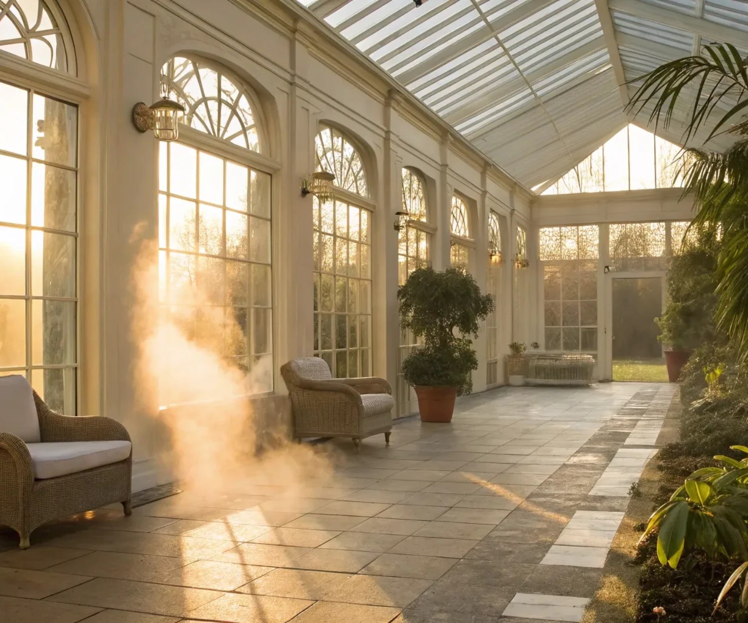 A sunlit glass conservatory with cozy seating, kept comfortably warm by in-floor heating.