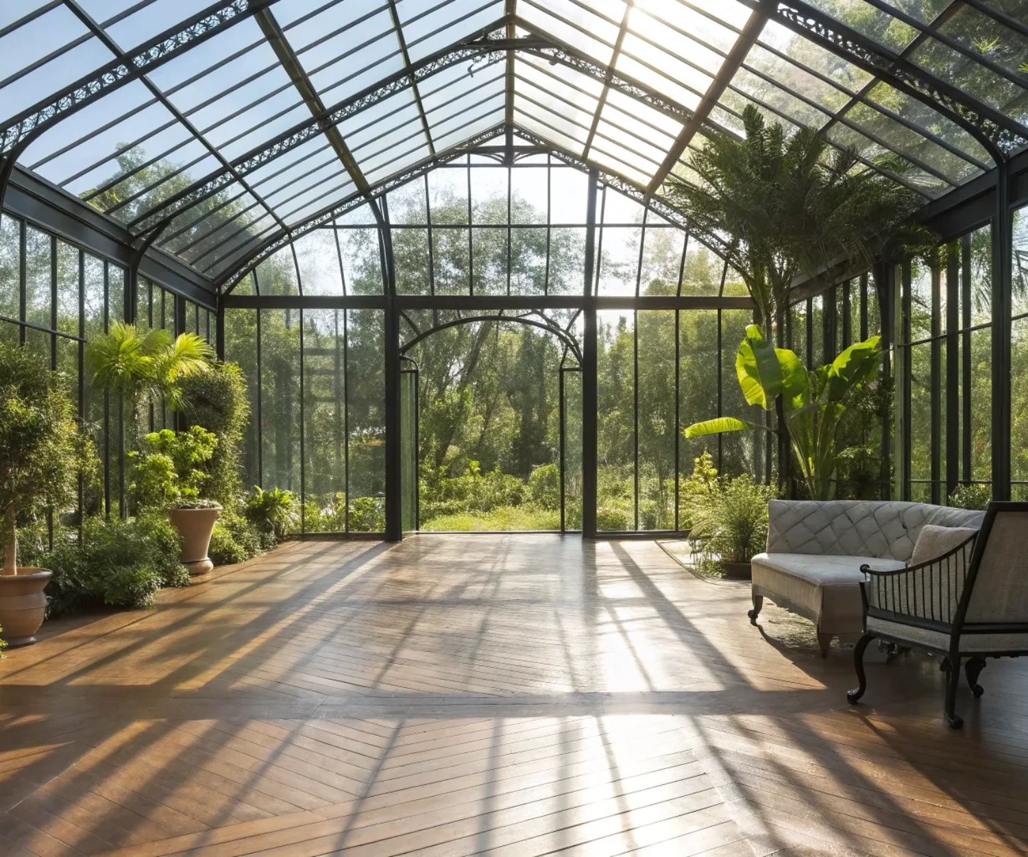 A strong steel frame glasshouse provides abundant natural light for the lush plants thriving inside.
