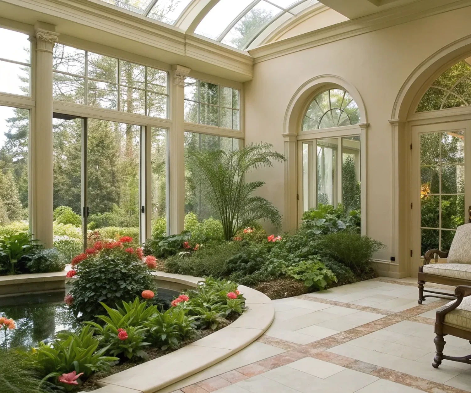 Custom home atrium with lush plants and natural light creating a tranquil, relaxing space.