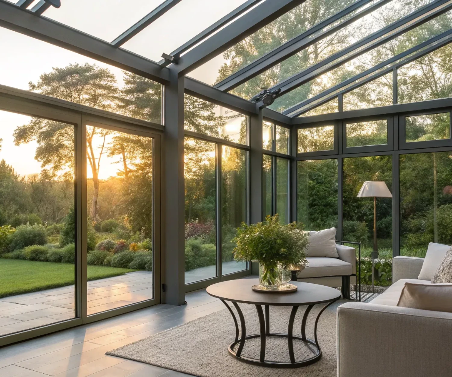 A minimalist steel and glass conservatory design idea with comfortable seating and abundant natural light.
