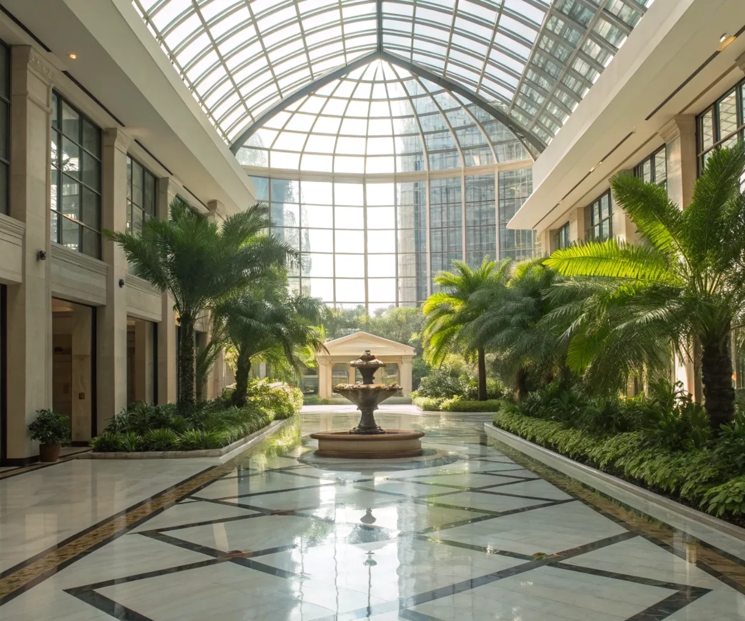 A bright, climate-controlled glass atrium in a hotel with elegant architecture and palm trees.