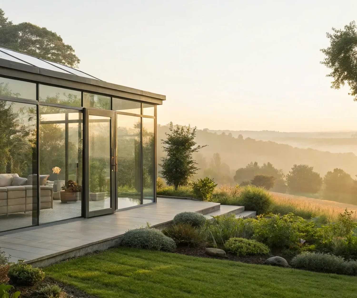A completed custom atrium construction project with large glass walls and integrated green space.