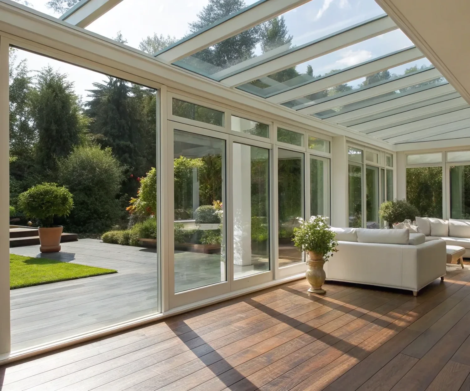 A modern custom glass room addition furnished with white sofas and floor-to-ceiling garden views.