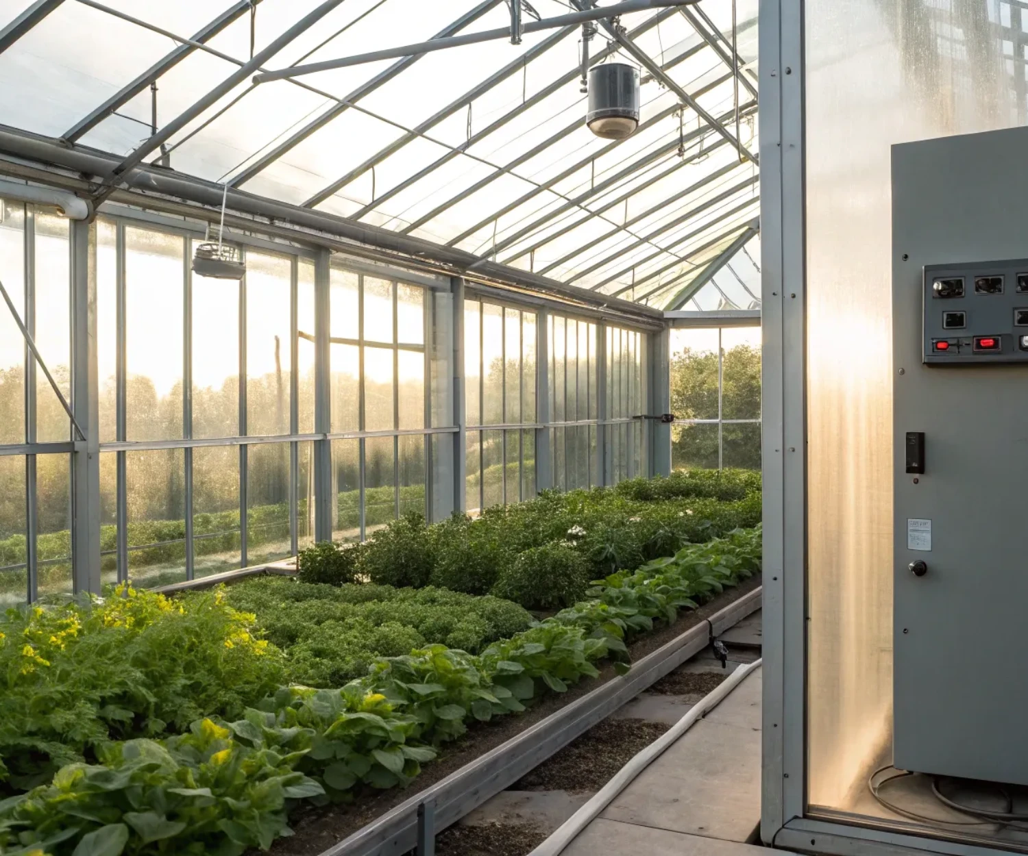 Steel greenhouse with an automated climate control system maintaining lush green plants.