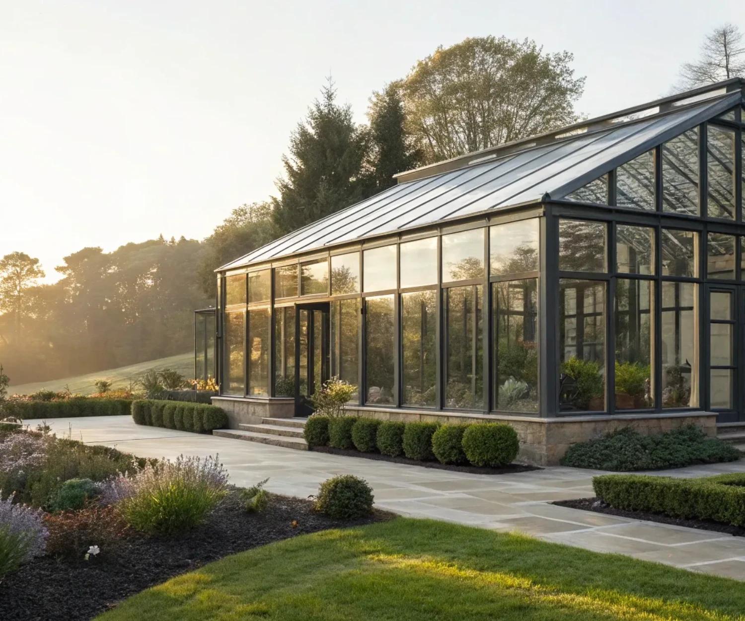 A custom steel-framed luxury glasshouse with large glass walls in a professionally landscaped garden.