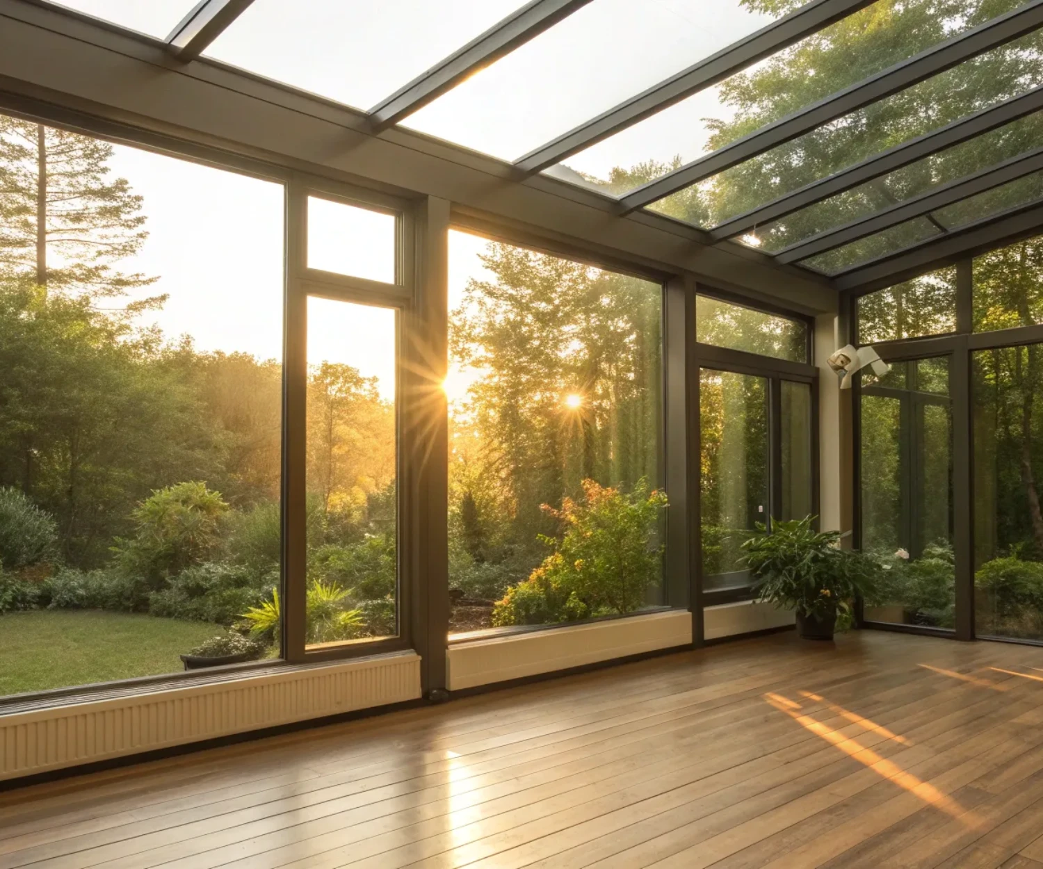 An efficiently heated four-season conservatory with large glass windows creating a warm and inviting space.