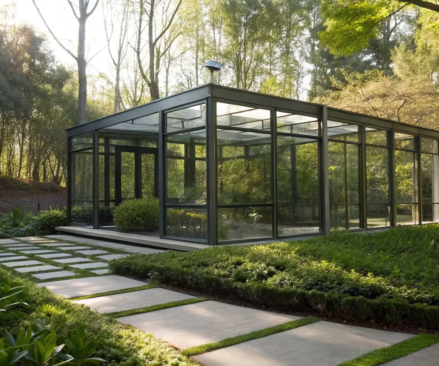 A modern steel and glass pavilion expertly constructed by professional builders.