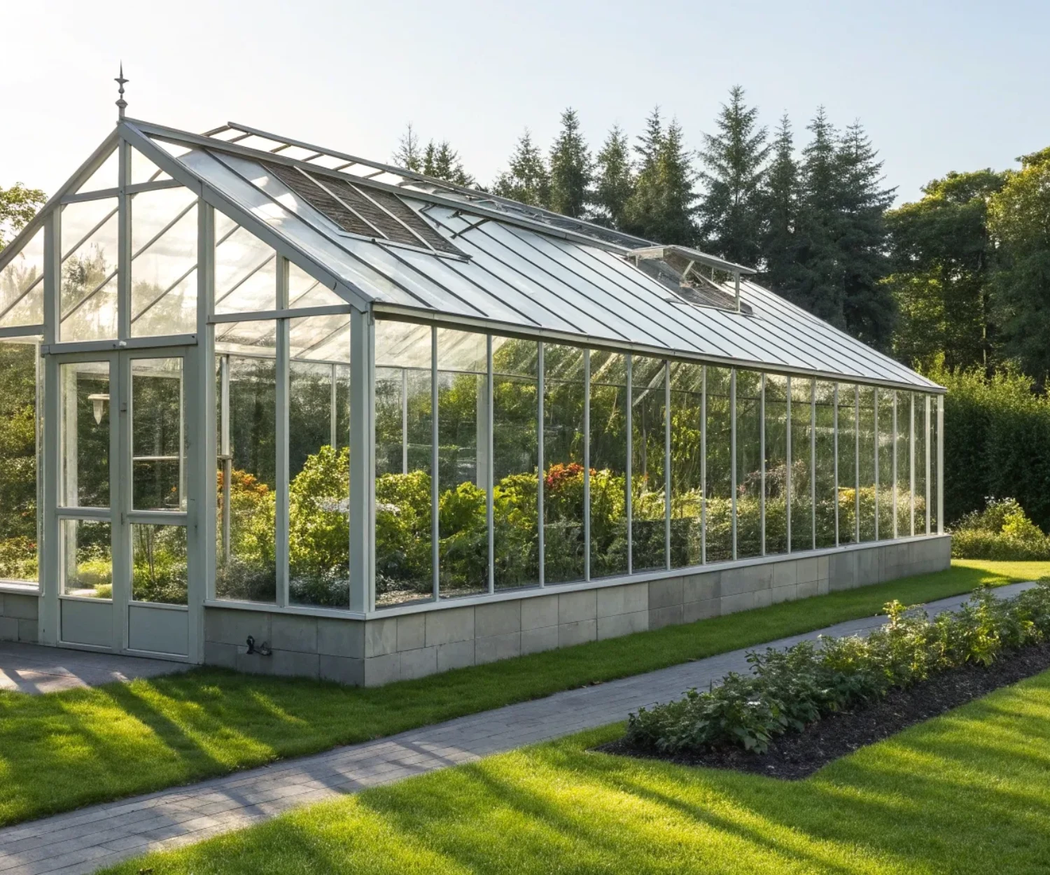 A durable structural steel greenhouse with large glass panels designed for energy efficiency and longevity.