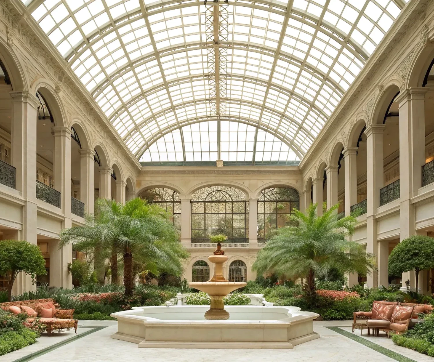 Modern luxury hotel atrium design with a multi-story glass structure, central fountain, and interior landscaping.