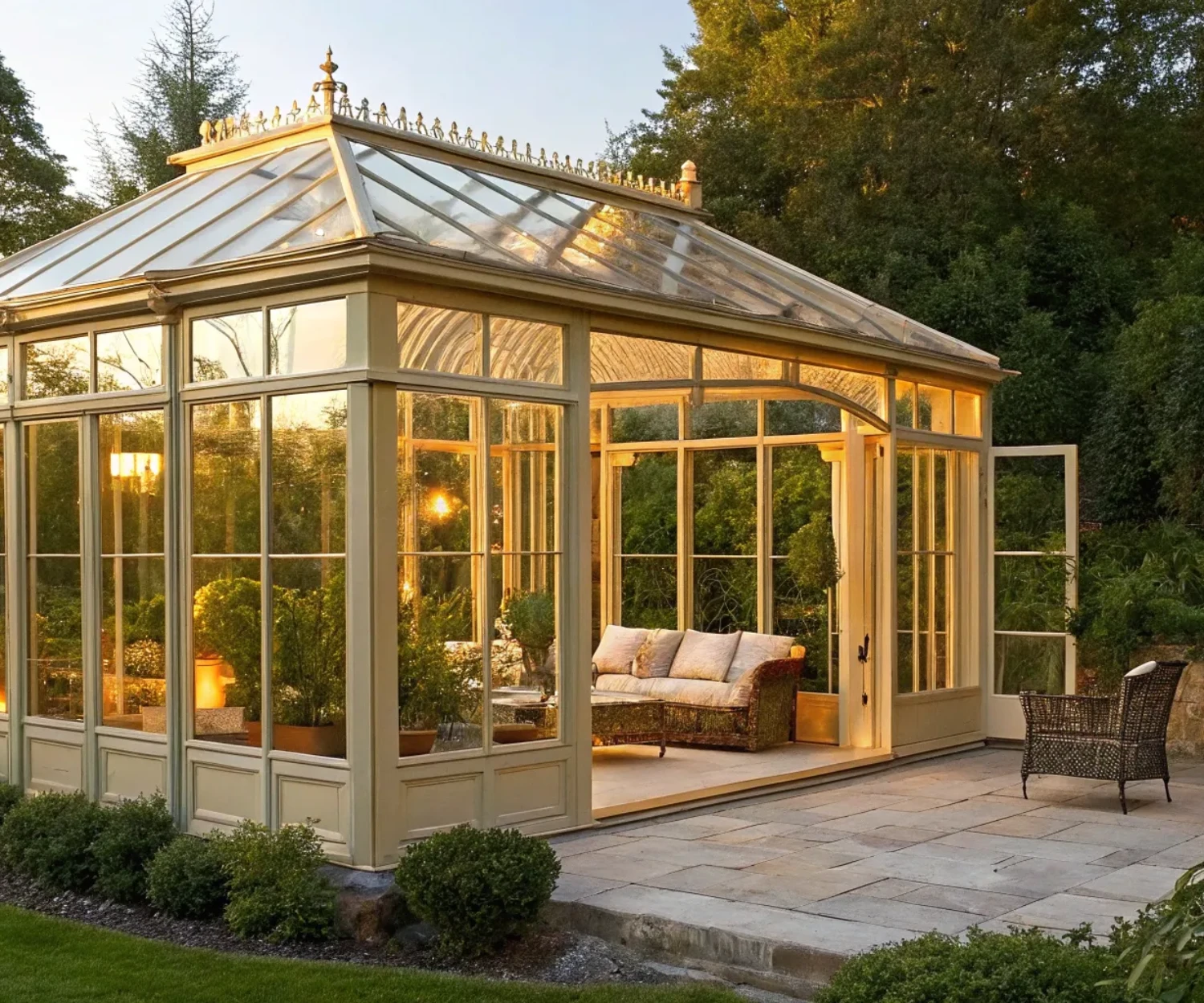 Custom residential glasshouse design and build connecting a modern home to a lush garden.